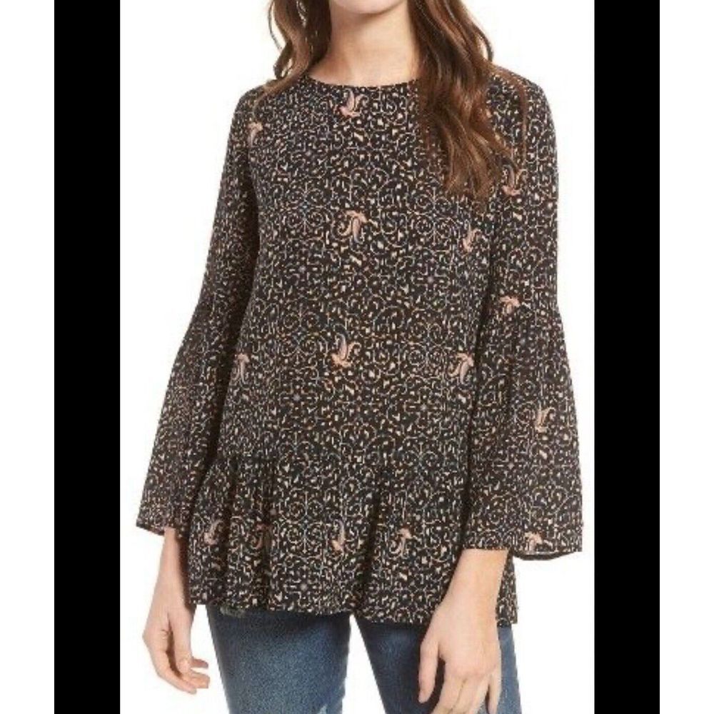 Madewell Women's 100% Silk Fiesta Paisley Bell-Sleeve Peplum Black Top Size XS‎